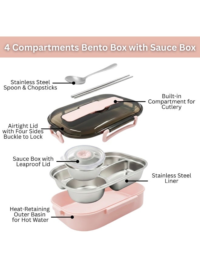MIZAJIC Stainless Steel Bento Lunch Box for Kids and Adults Leakproof 4 Compartment Food Container 1300ml Ideal Portion Size with Sauce Box, Spoon and Chopsticks, Dishwasher Safe (Pink with Sauce Box) - Image 2